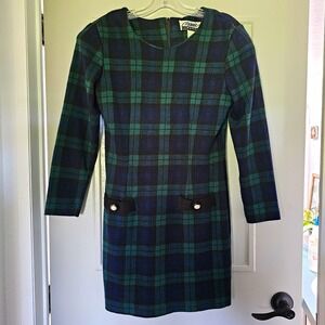 Marnie West Plaid Shift Dress Junior 5 Green Blue Vintage 90s Y2K Long Sleeve